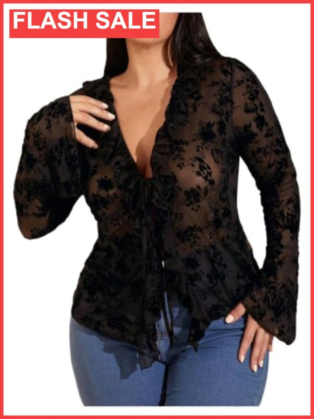 Plus Size Floral Lace Mesh Sheer Tie Front Going Out Top
